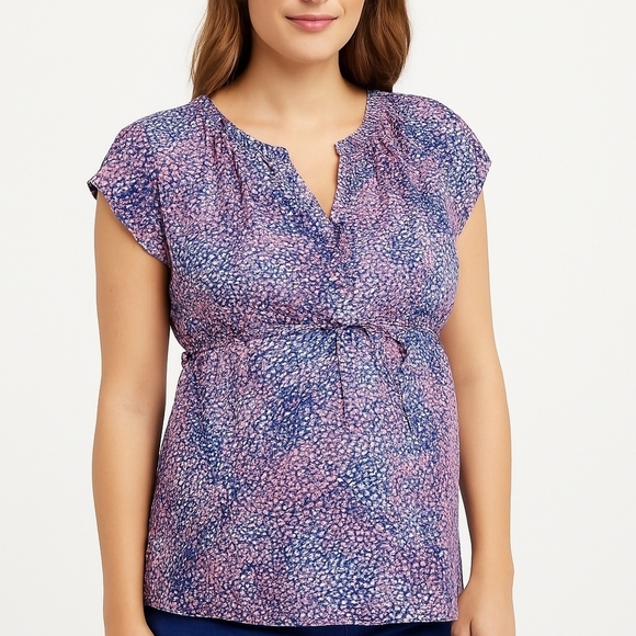 Motherhood Tops - Motherhood Maternity Small Petite Pink and Blue Patterned Blouse Top With Tie